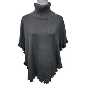 Joseph A Sweater Cape Black Ribbed Turtleneck Scalloped Pullover Womens Small